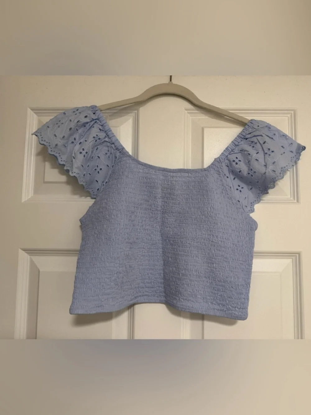 Universal Thread Light Blue Smocked Crop Top with Eyelet Sleeves - Picture 2 of 6